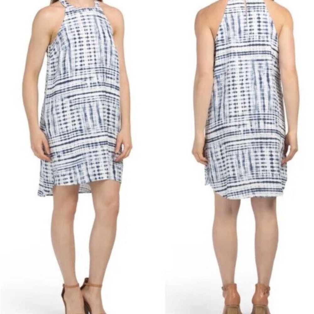 Cynthia Rowley 100% Linen Blue & White Tie Dye Halter High Neck Dress Size 2X